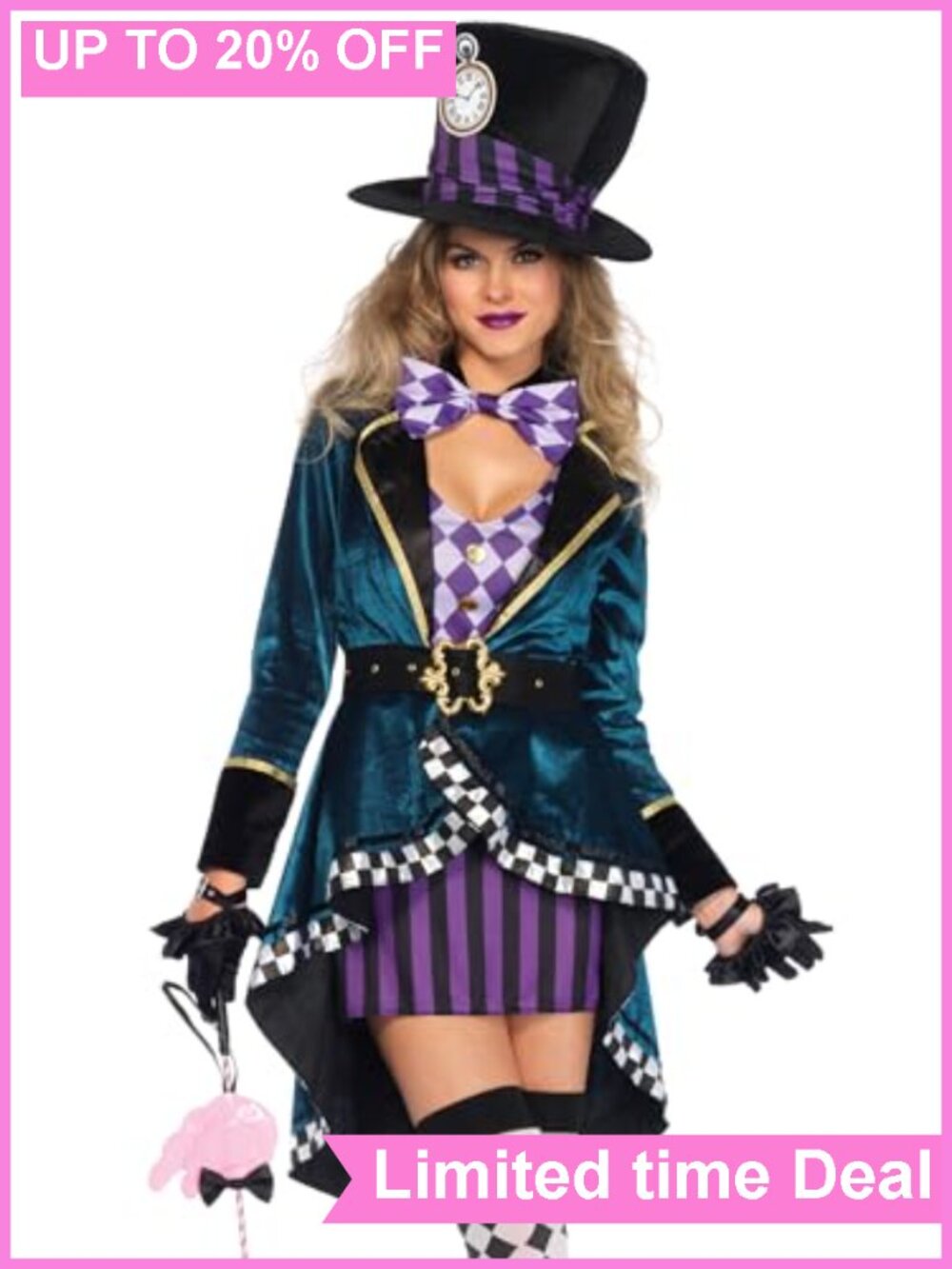 Leg Avenue Mad Hatter Costume 5 Piece Dress Jacket Belt Bow Hat